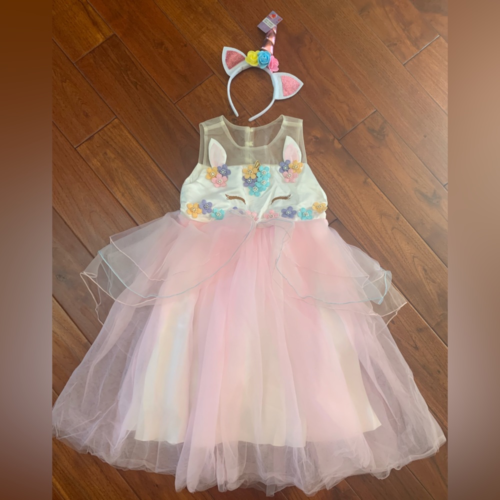 Jerris Apparel Pink Unicorn Flower fancy Dress Headband Size 150 9/10 HALLOWEEN